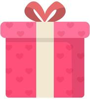 Valentine red gift box with heart shapes, ribbon and bow flat illustration isolated on white background. vector