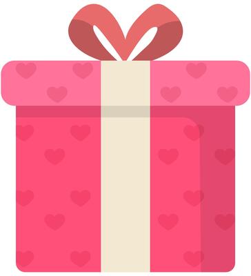 Valentine red gift box with heart shapes, ribbon and bow flat illustration isolated on white background.
