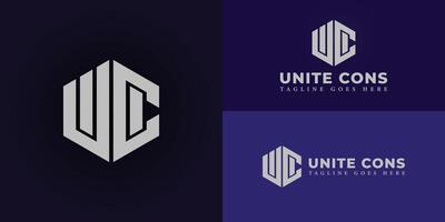 Abstract initial hexagon letters UC or CU logo in silver-white color isolated on multiple background colors. The logo is suitable for property and construction company logo design inspiration template vector