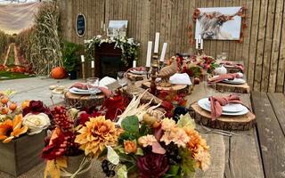 Wooden huge Table massive on which there are devices on wooden stands Mystical mysterious Halloween crows and other golden birds sit on the table Autumn bright orange and yellow flowers dry up photo