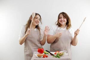 2 women dancing while preparing tasty and healthy food vegetarian vegetable saladdaughter-in-law mother-in-law friendly family place for text advertising grocery store healthy food delivery photo