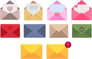 Cute cartoon of set different mail letter envelopes isolated on white background. vector