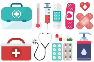 Set of medical items and tools of a pharmacy or doctor's office cartoon illustration isolated on white background. vector