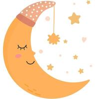 Cute orange half moon sleeping in hat with pompom at night sky with stars. vector