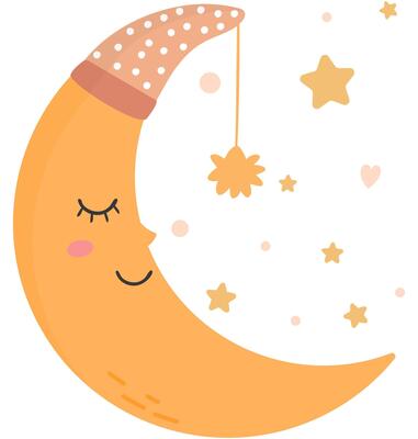 Cute orange half moon sleeping in hat with pompom at night sky with stars.