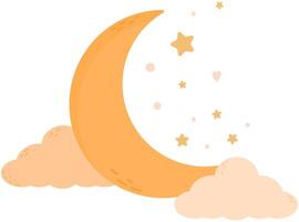 Cartoon yellow crescent in clouds and stars on blue background. vector