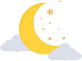 Crescent moon, golden stars and blue clouds isolated on white background. vector