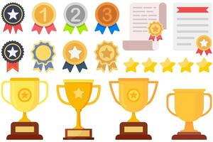 Trophy cup, badge, certificate and award icon collection in a flat design isolated on white background. vector
