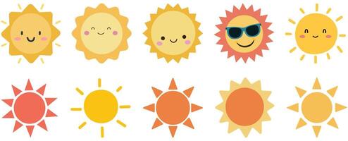 Cute sun icon set isolated on white background. vector