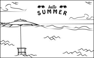 a beach with an umbrella and a chair with the words hello summer. Suitable for children product graphic element. vector