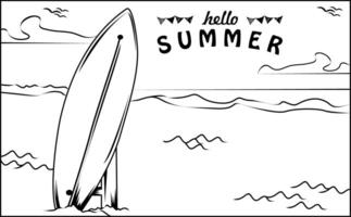 a surfboard is on the beach with the words hello summer. Suitable for children product graphic element. vector