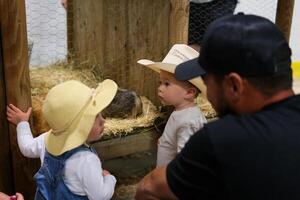 Canadá Vancouver 17.05.2024 niños visitar zoo con padres en surrey durante visitar gasto hora con familia acecho animales caricias foto