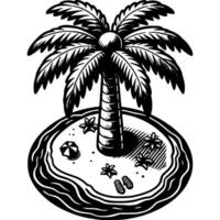 Lonely palm tree on desert island in monochrome. Secluded romantic getaway. Simple minimalistic in black ink drawing on white background vector