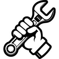 Installer hand is dressed in protective glove and holds wrench in monochrome. Professional tool in capable hands. Simple minimalistic in black ink drawing on white background vector