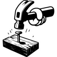 Hand of builder holds hammer and hammers nail into board in monochrome. Cartoon builder at work. Simple minimalistic in black ink drawing on white background vector