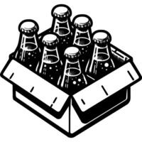 Open box with glass bottles filled with cool sparkling water in monochrome. Cool summer drink. Simple minimalistic in black ink drawing on white background vector