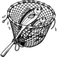 Fish caught in net in monochrome. Fishing equipment for catching. Simple minimalistic in black ink drawing on white background vector