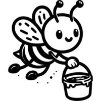 Satisfied bee flies and carries bucket of fresh honey in monochrome. First summer honey harvest. Simple minimalistic in black ink drawing on white background vector