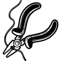 Electrician pliers bite through electrical cable in monochrome. Specialized hand tools. Simple minimalistic in black ink drawing on white background vector