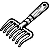 Small garden rake with wooden handle in monochrome. Farm garden tool for loosening soil. Simple minimalistic in black ink drawing on white background vector