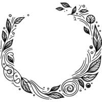 Decorative wreath of leaves and grass in monochrome. Round frame for decoration. Simple minimalistic in black ink drawing on white background vector