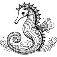 Graceful seahorse sways on waves in monochrome. Amazing ocean inhabitants. Simple minimalistic in black ink drawing on white background vector