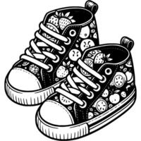 Children summer sneakers with laces with fruit patterns in monochrome. Fashionable baby shoes. Simple minimalistic in black ink drawing on white background vector