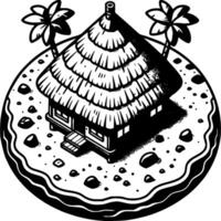 Bungalow with Thatched Roof on Island in monochrome. Ancient native dwelling. Simple minimalistic in black ink drawing on white background vector