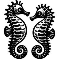 Pair of seahorses looking at each other in monochrome. Inhabitants of deep sea. Simple minimalistic in black ink drawing on white background vector