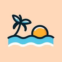 verano puesta de sol palma árbol y playa ola icono ilustración aislado antecedentes vector