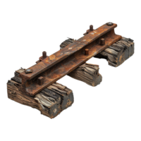 A piece of train track has rusted and has a piece of wood underneath isolated on transparent background png