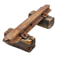 A piece of train track has rusted and has a piece of wood underneath isolated on transparent background png