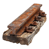 A piece of train track has rusted and has a piece of wood underneath isolated on transparent background png