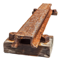 A piece of train track has rusted and has a piece of wood underneath isolated on transparent background png