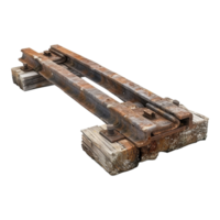 A piece of train track has rusted and has a piece of wood underneath isolated on transparent background png