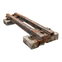 A piece of train track has rusted and has a piece of wood underneath isolated on transparent background png