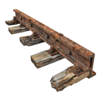 A piece of train track has rusted and has a piece of wood underneath isolated on transparent background png