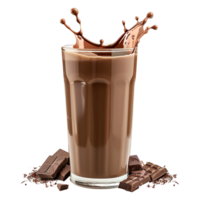 Chocolate milk in a glass with chocolate splashes isolated on transparent background png