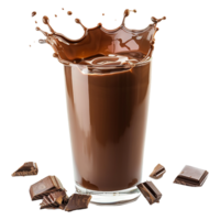 Chocolate milk in a glass with chocolate splashes isolated on transparent background png