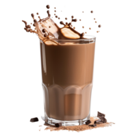 Chocolate milk in a glass with chocolate splashes isolated on transparent background png