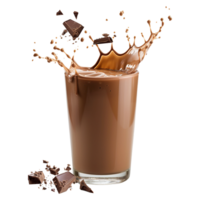 Chocolate milk in a glass with chocolate splashes isolated on transparent background png