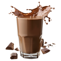 Chocolate milk in a glass with chocolate splashes isolated on transparent background png