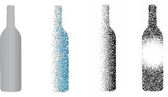 A set of black and white gradient-striped textured wine bottles. Dotted noise curve and wavy pattern vector