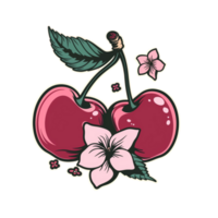 Two vibrant red cherries with green leaves and small pink flowers on a light background, stylized with a vintage touch png