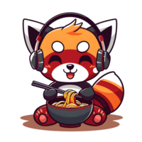 söt tecknad serie av en röd panda med hörlurar på äter en skål av Ramen med ätpinnar png
