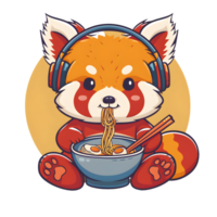 söt tecknad serie av en röd panda med hörlurar på äter en skål av Ramen med ätpinnar png