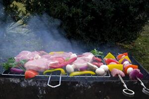 Shish kebab with mushrooms, cherry tomato and sweet pepper, Grilled meat skewers. Top view, copyspace. most important meat dish of Turkish cuisine kebabs is a rich product that is cooked on embers photo