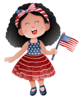 Cute American patriot girl in a 4th of July dressed, Hand holding a flag png