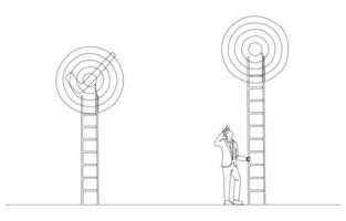 Continuous one line drawing of businessman preparing ladder to reach next target, higher business challenge concept, single line art. vector
