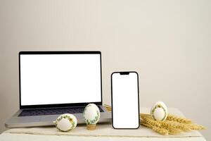 tablet isolated white clipping path inside lavender background postcard baner calendar empty space holiday easter eggs embroidery ribbons eggshell krashanka photo